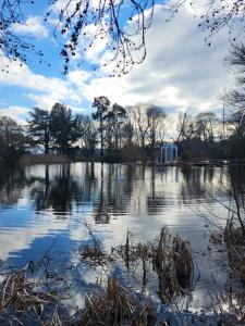 a view of a lake with a white house in the distance at The Coach House in Berriew