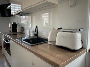 a toaster sitting on a counter in a kitchen at Apartamenty AP 1 in Częstochowa +7 photos