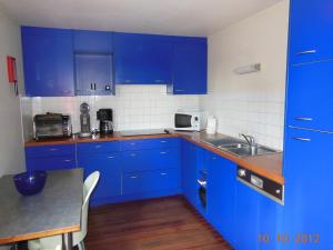 a blue kitchen with a sink and blue cabinets at Cottage in the heart of the Ardennes in Waimes