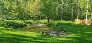 a wooden bridge over a small pond in a field at Chaloupky U Matušků in Varnsdorf