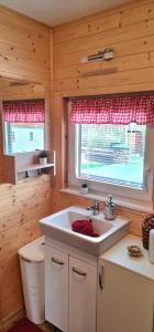 a kitchen with a white sink and a window at Chaloupky U Matušků in Varnsdorf +71 photos