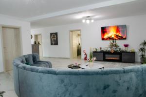 a living room with a blue couch and a fireplace at Casa Georgia in Târgu Ocna