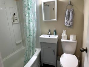 a bathroom with a sink and a toilet and a shower at Cozy Duplex 2nd floor suite in Winnipeg