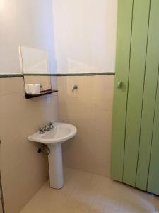 a bathroom with a sink and a mirror and a green door at Pousada do Ipe in Goiás