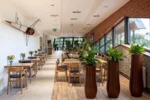 a restaurant with tables and chairs and plants at Hotel Termalny in Uniejow