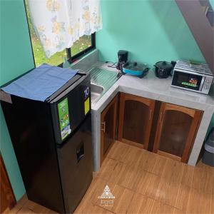 a small kitchen with a sink and a stove at Cinnamon Lodge in Upala