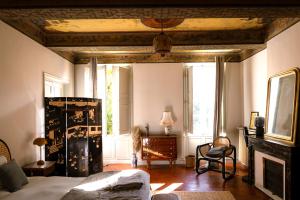 a bedroom with a bed and a fireplace and a window at Maison Sumiane - Maison d hotes et locations avec piscine in Brignoles