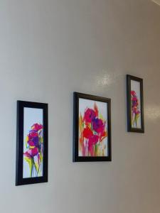 three framed pictures of flowers on a wall at Hotel Kinara Lodge in Jāmkhed +1 photo