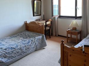 ein Schlafzimmer mit zwei Betten, einem Schreibtisch und einem Fenster in der Unterkunft Brilago 4 in Brissago