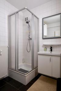a bathroom with a shower and a sink at Appartement Guillaume in Blankenberge +5 photos