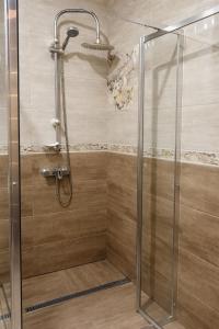 a shower with a glass door in a bathroom at Смерекова хата in Pavlohrad