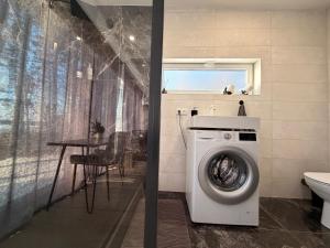 a washing machine in a bathroom with a table at Gauja Lakeside in Gauja