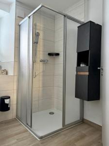 a shower with a glass door in a bathroom at Wohnzeit by Zirwick Apartment in Windischeschenbach +16 photos