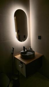 a bathroom with a sink and a mirror at Metsolinna in Kittilä +2 photos