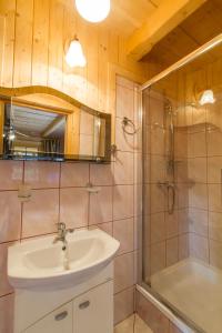 a bathroom with a sink and a shower at udanypobyt Domek Przy Lesie in Kościelisko