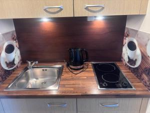 a kitchen counter with a sink and a stove at Apartament Nad Parsętą in Kołobrzeg