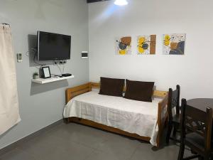 a small bedroom with a bed and a flat screen tv at Cepas del Valle - cabañas y suites in Chilecito