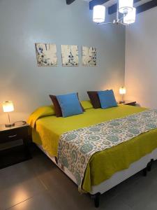 a bedroom with a large bed with blue pillows at Cepas del Valle - cabañas y suites in Chilecito