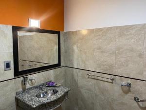 a bathroom with a sink and a mirror at Cepas del Valle - cabañas y suites in Chilecito