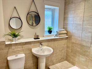 a bathroom with a sink and a toilet and mirror at Kincraig Apartment in Ayr +7 photos