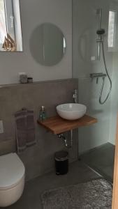 a bathroom with a sink and a toilet and a mirror at Souterrain Appartment, eigene Dusche u WC in Detmold +2 photos