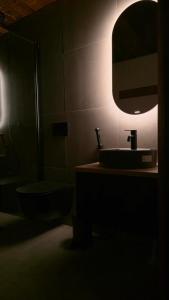 a bathroom with a sink and a toilet and a mirror at Metsolinna in Kittilä