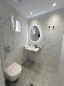 a bathroom with a toilet and a sink and a mirror at Hestia ApartHotel in Roda
