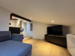 a living room with a couch and a flat screen tv at Cocon Mansardé - Velux et Clim - Hyper Centre in Toulouse
