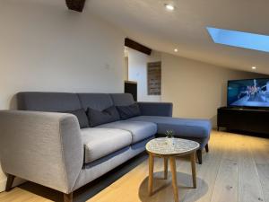a living room with a blue couch and a tv at Cocon Mansardé - Velux et Clim - Hyper Centre in Toulouse +18 photos