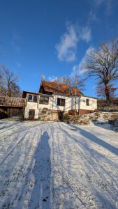 a long shadow of a man standing in the snow in front of a house at Ferienhaus Vogtland mit Sauna und Hot Tub in Weischlitz