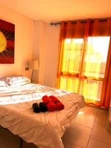 a bedroom with a bed with red pillows and a window at Apartamentos Marjal 3 in Guardamar del Segura