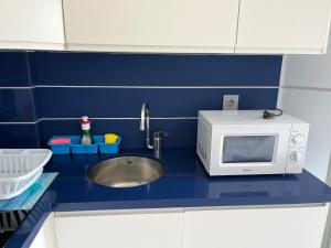 a kitchen counter with a sink and a microwave at Apartamentos Marjal 3 in Guardamar del Segura