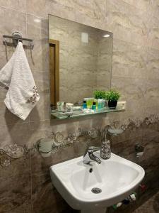 a bathroom with a sink and a mirror at mtatsminda residence in Itʼkhvisi +5 photos
