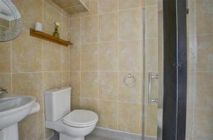 a bathroom with a toilet and a sink and a shower at 2 Bed in Lynton oc-chap in Lynmouth +10 photos