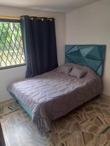 a bedroom with a bed with a blue headboard and a window at Hotel Casa Franco in Cali