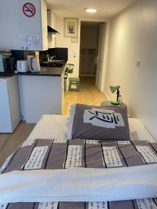 a large bed in a room with a kitchen at Cosy New Studio 2 min RER B in Aulnay-sous-Bois