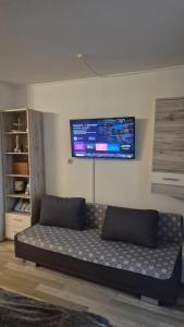 a couch in a room with a tv on the wall at Ferienwohnung Phin in Sankt Englmar, mit Pool, activCard und Smart TV in Sankt Englmar