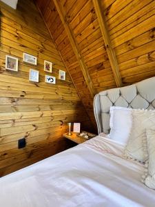 a bed in a room with a wooden wall at Chalé Sol Nascente - Vista espetacular próximo as melhores praias de Floripa in Florianópolis