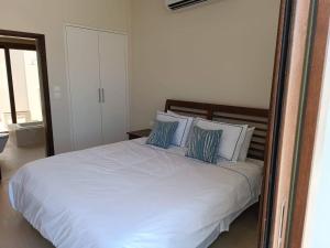a bedroom with a white bed with blue pillows at Villa - Sleeps 2 - Pool - Parking in Salalah