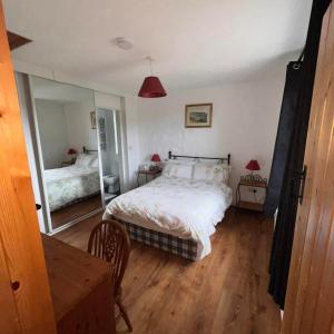a bedroom with a bed and a large mirror at Rural Donegal cottage near sandy beaches in Clonmany