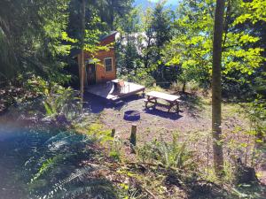 a cabin in the woods with a bench and a picnic table at Moss Haven on Hood Canal in Quilcene