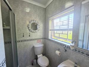 a bathroom with a toilet and a sink and a mirror at Villa Cape Garden Route in Wilderness +103 photos