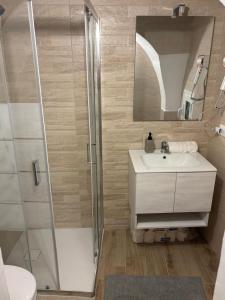 a bathroom with a shower and a sink and a mirror at Vicolo Lungo Apartment in Nardò