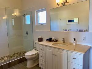 a bathroom with a sink and a toilet and a mirror at Lockrum Point Villa - Upscale Ocean Front, Pool with Gazebo in South Hill Village +29 photos