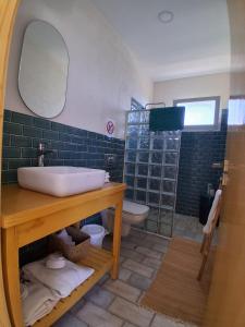 a bathroom with a sink and a toilet and a mirror at CasaEole B&B in El Haouaria +62 photos