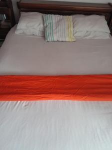 a bed with an orange and white comforter and two pillows at Dudes guesthouse in Francistown