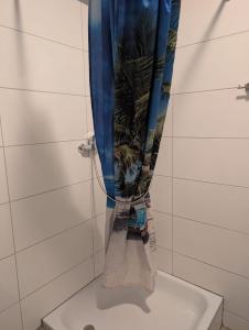 a shower curtain hanging over a toilet in a bathroom at Flensburg Strandnah in Flensburg