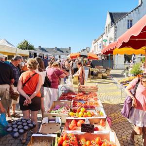 a group of people standing around a market with fruits and vegetables at Maison de vacances in Plougasnou