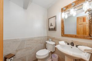 a bathroom with a toilet and a sink and a mirror at Cottage On The Cove by Railey Vacations in Swanton +17 photos