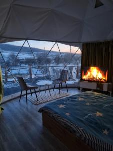 a bedroom with a fireplace and a bed and a fire place at GlampingDenis Igloo in Mihăeşti